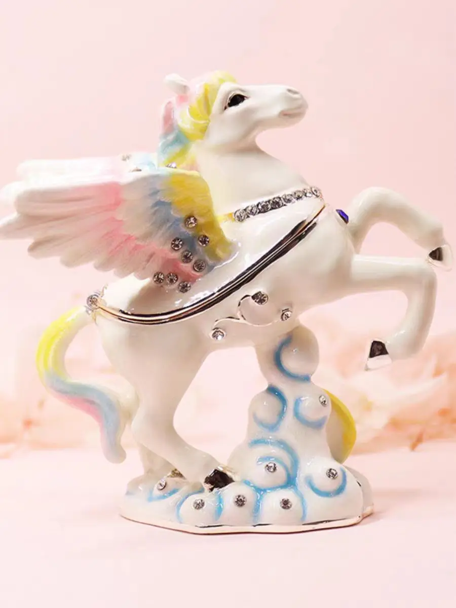 Hand Painted Enameled Jeweled Angel Horse Unicorn Figurines Trinket Box Ring Holder Hinged Jewelry Collectible Craft