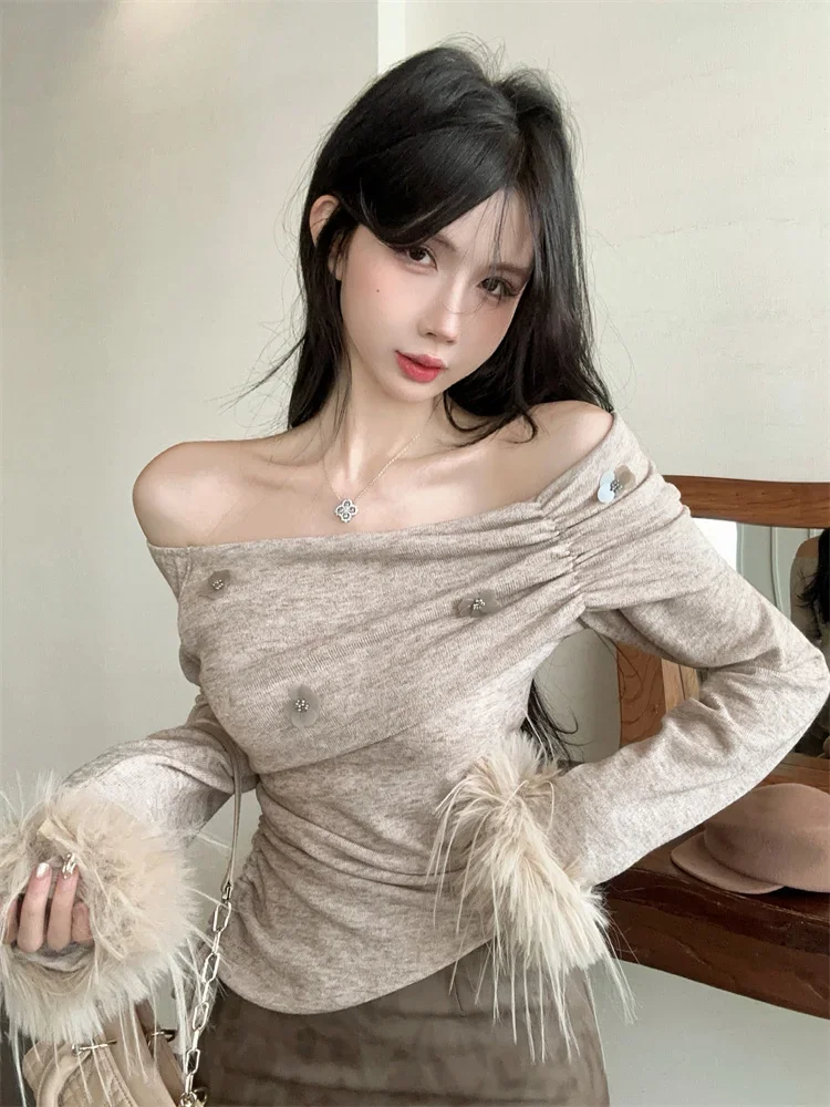 2024 Autumn Sexy Furry Slash Neck T-shirt Women Glitter Flower Irregular Drawstring Off Shoulder Hairy Top Fashion Knit Shirt