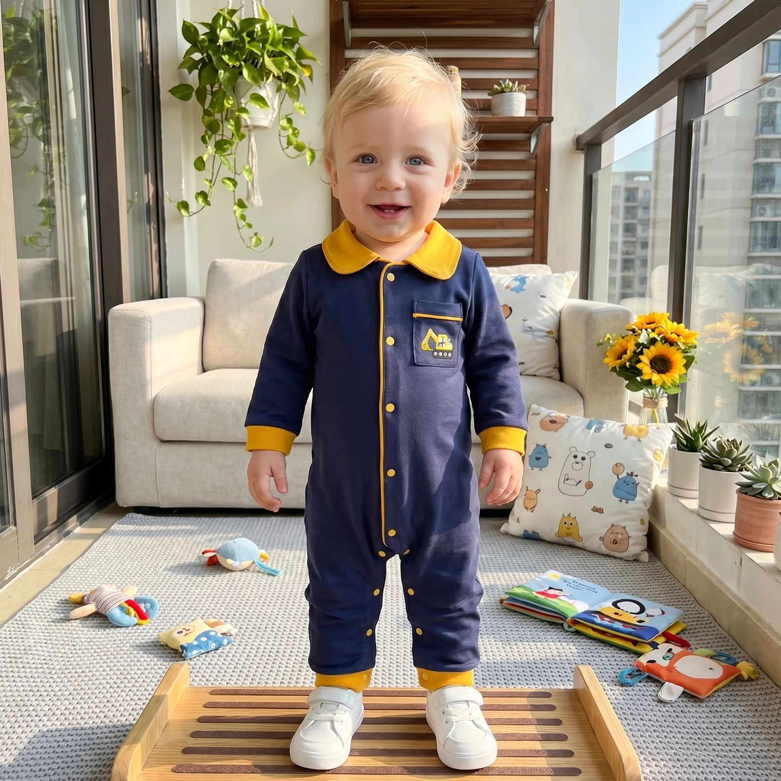 Fashion Toddler Baby Long Sleeve Romper Embroidered Collared Button-up Jumpsuit Casual Infant Fall Clothes