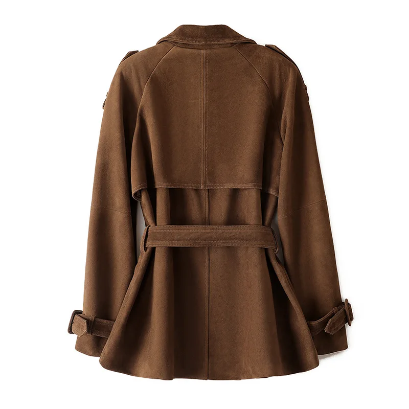 Giacca in vera pelle da donna in pelle scamosciata per bambini Giacca casual in pelle di capra importata con cintura doppiopetto marrone caffè a vita sottile