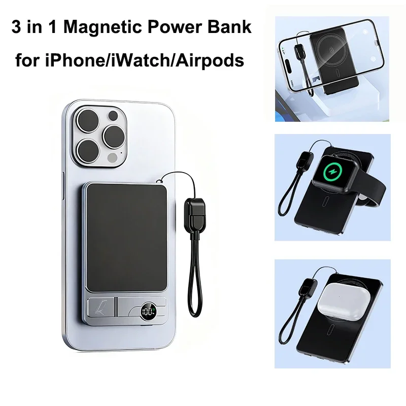 

Магнитный Powerbank 10000 мАч, беспроводная зарядка 15 Вт, быстрая зарядка PD 20 Вт, внешний аккумулятор для MagSafe iPhone 12-17 Pro и Apple Watch
