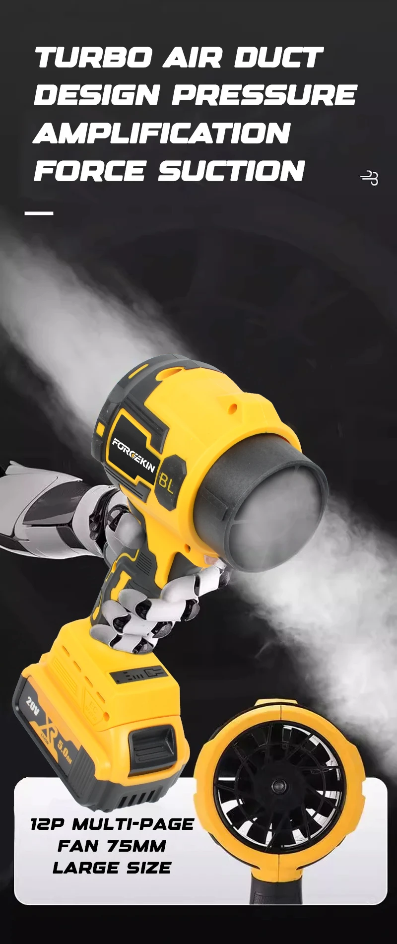 FORGEKIN Bürstenloser Elektrischer Turbolüfter, Langrohr-Gebläse, Handgehaltener Laubbläser, Schneewerkzeug für Dewalt 20V Akku – Detail 4