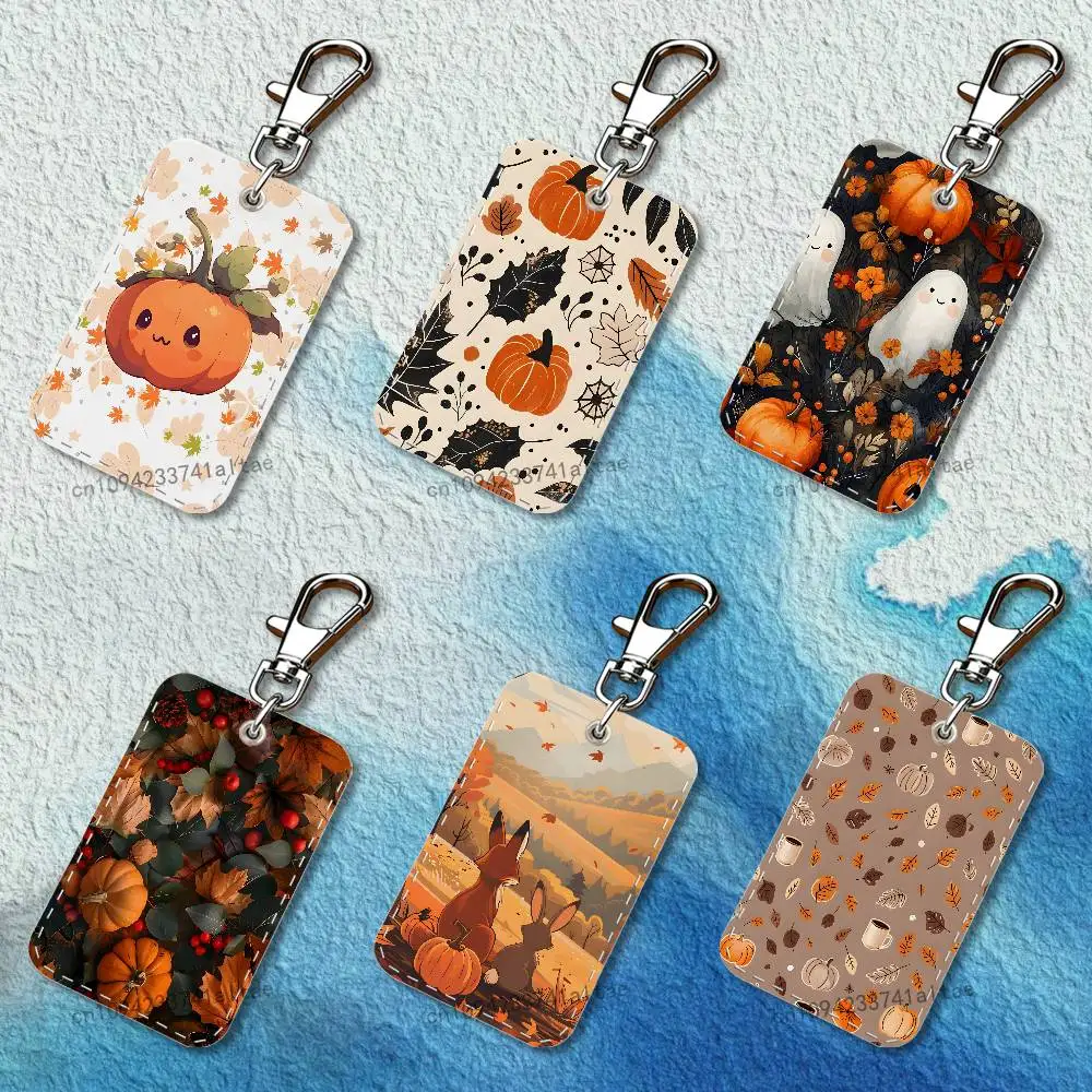 

Autumn leaves pumpkin Rectangle Card Case Leather Card Holder Keychain Key Ring Transportation Card Case