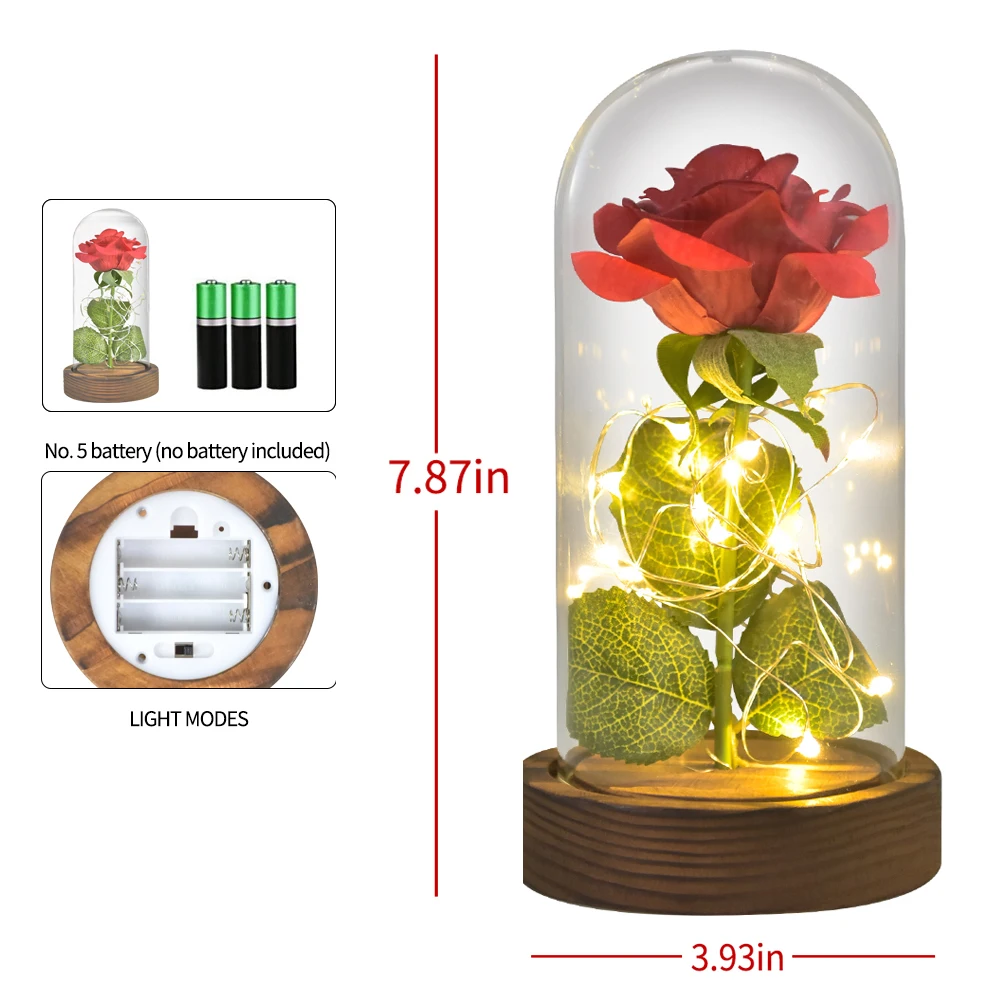 Valentine Beauty and The Beast Artificial Flowers Eternal Rose In Glass Dome with Led Light Romantic Mother\' Day Gifts for Women