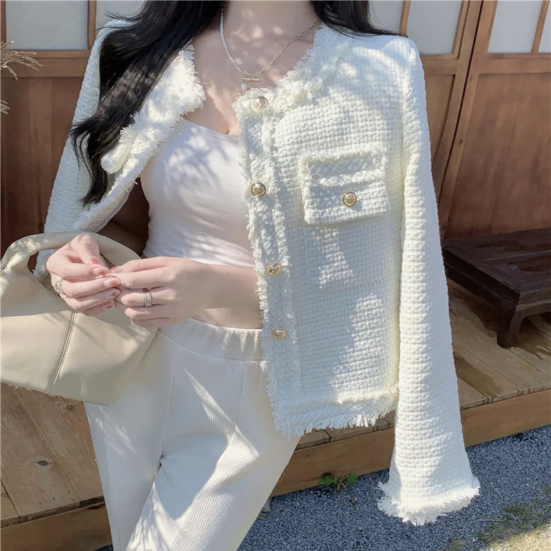 Women Tweed Jacket White Coat Korean Chic Streetwear Cropped Jacket Long Sleeve Office Ladies Clothing Single Breasted Tops