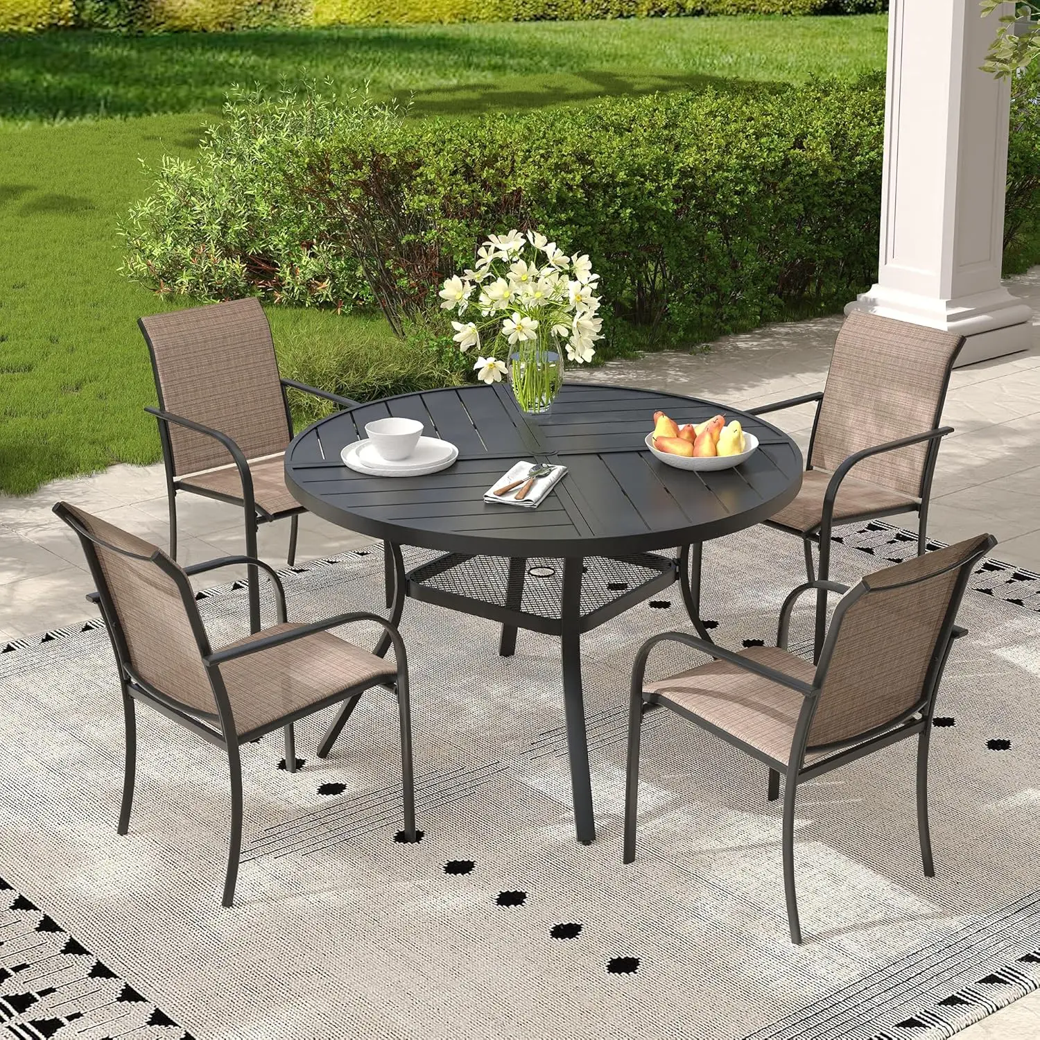 

5 Pieces Outdoor Dining Set, Stackable Textilene Paito Chairs & 40.5" Round Dining Table with Umbrella Hole, Customized