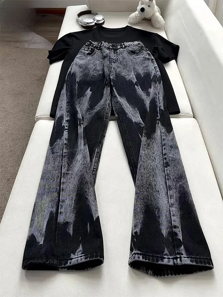 Bla Tie Dye Jeans Men's Spring Autumn Tall Extended Micro Flared Pants Unique Design Straight Blade Jeans Casual Loose Fit