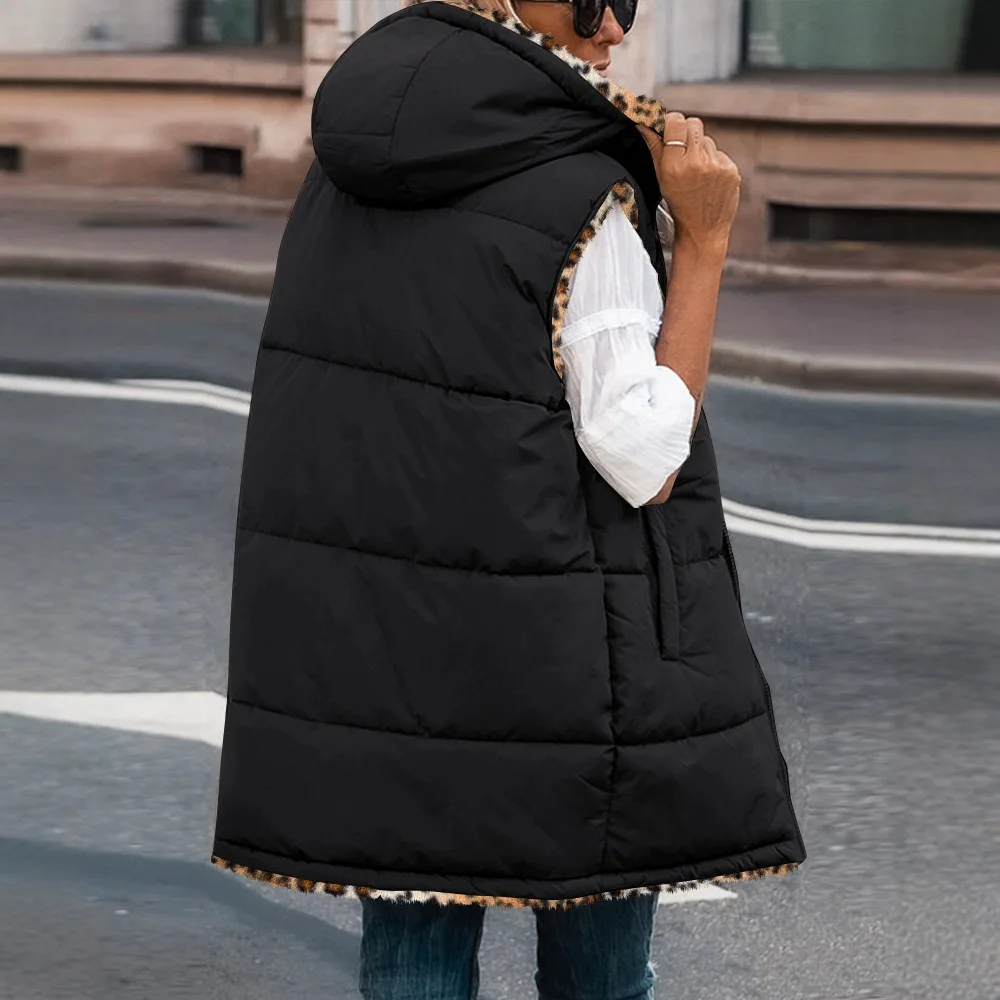 Sleeveless Jacket Women Vest 2025 Autumn Winter Latest Leopard Pattern Zip Up Hoodie Pockets Long Warm Winter Coat Streetwear