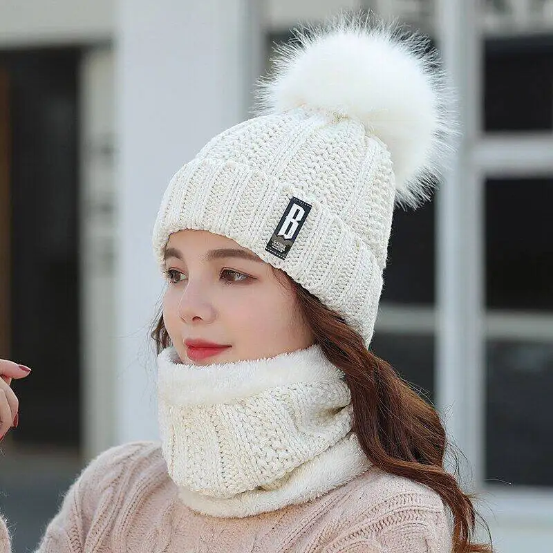 Women Winter Scarf Hat Set Knitted Plush Inside Keep Warm Solid Pompoms Cap Female Beanies And Scarves