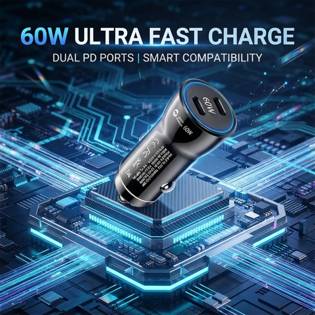 60W Dual-USB-C-Autoladegerät, PD-Schnellladefunktion, Netzteil für Handy, Tablet, Dashcam, GPS, Fahrzeugstecker, stabil, wackelfrei, blaue LED