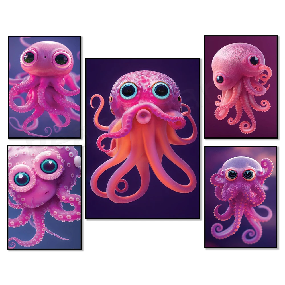 Octopus Wall Art Printed Cartoon Animal Decor Picture Pink Octopus Poster Nautical Decor Wall Living Room Modern Decor
