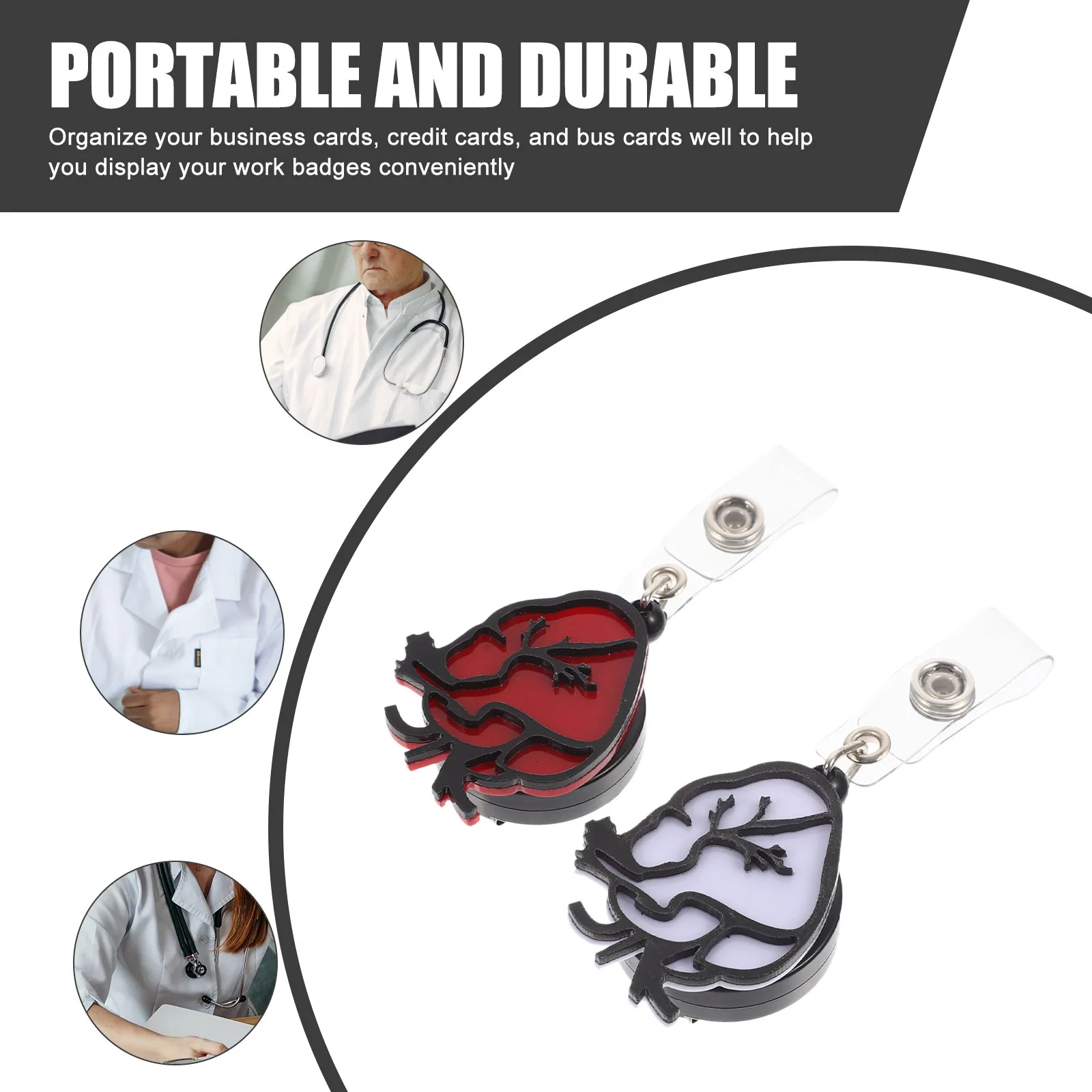 2Pcs Heart Style Retractable Badge Reel Clip Universal Id Badge Holder for Nurses Schools Events Easy Pull Telescopic Card Clip