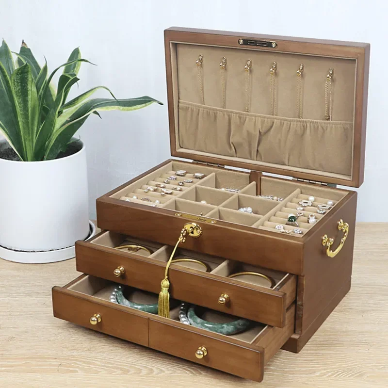 

Wood Jewelry Box Large Capacity Earring Storage Box Lockable Makeup Box with Hooks Removable Dividers Stylish Organizer