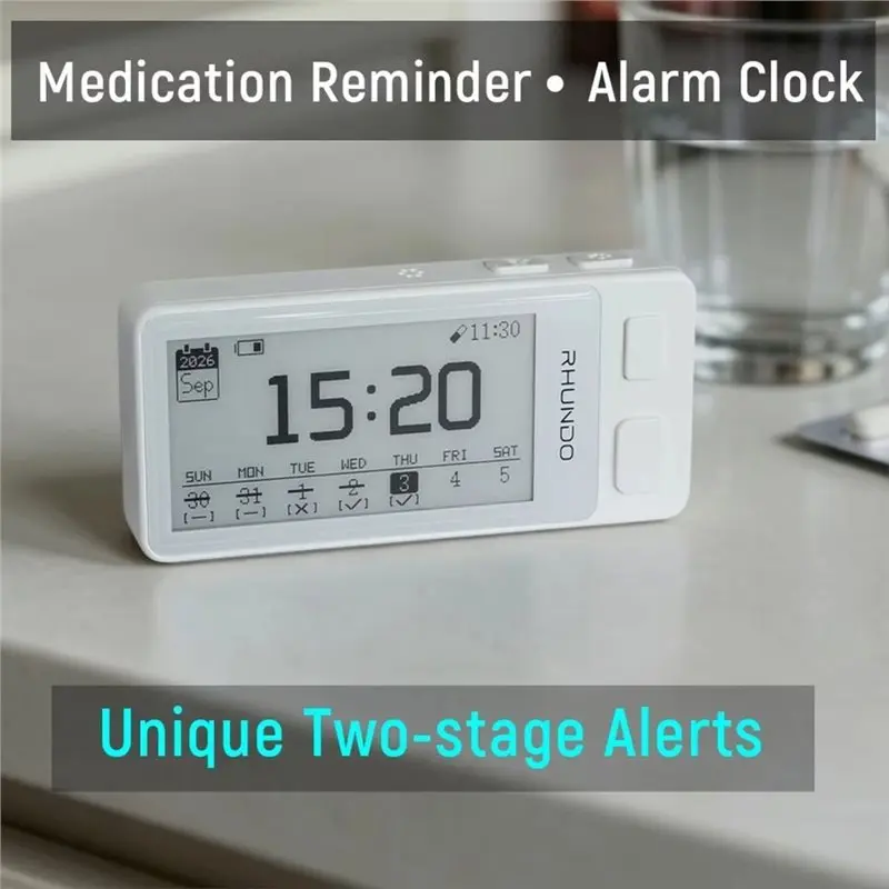 GOOD-Smart Medication Reminder Bedroom Kitchen Digital Clock 3 Alarms Epaper Screen USB C Rechargeable Long Battery Life