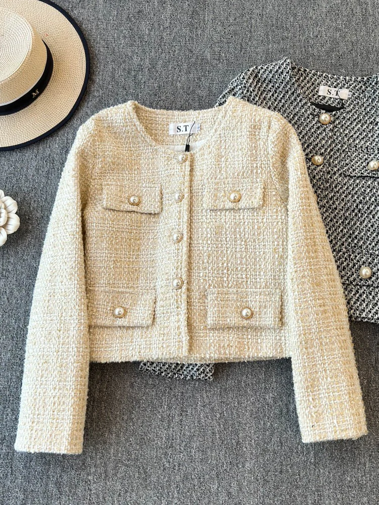  Style Short Coat Women's Fashion Autumn Winter Slim Fit Apricot Color Button up Long Sleeve round Neck Single Piece