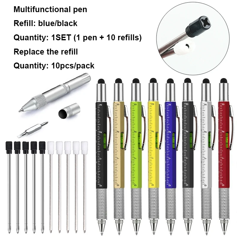 7 in1 Multifunction Ballpoint Pen with Modern Handheld Tool Measure Technical Ruler Screwdriver Touch Screen Stylus Spirit Level