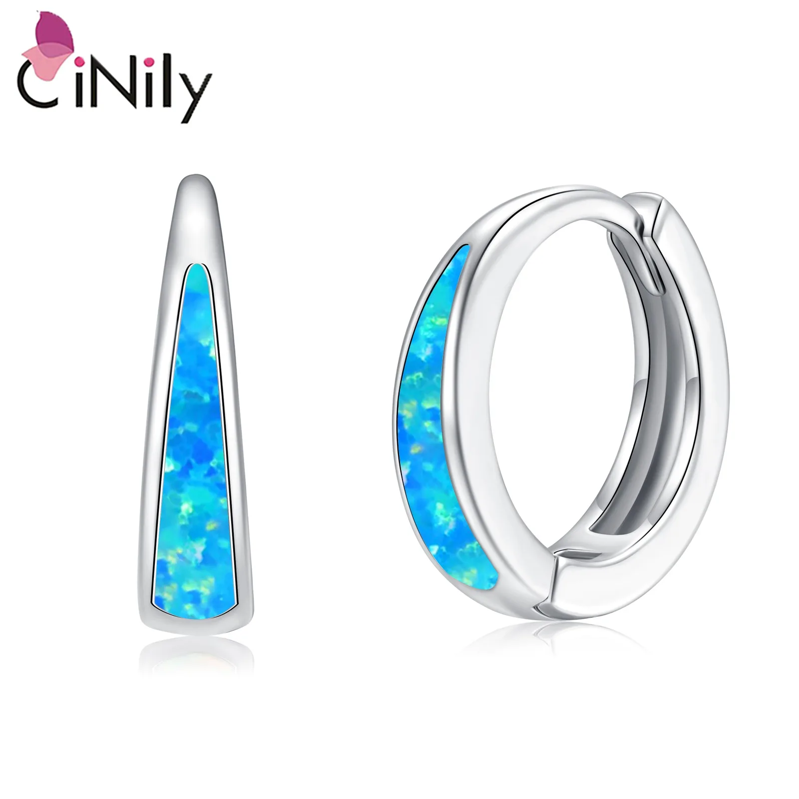 CiNily Pendientes de ópalo blanco/azul para mujer, aretes de aro pequeños chapados en blanco de 14 quilates, regalos de joyería para el día de la madre, cumpleaños, uso diario