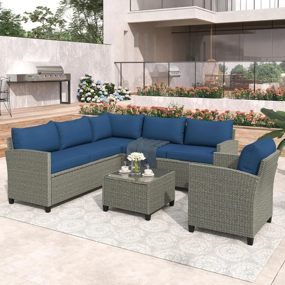 

5 Piece Patio Furniture Set, Patio Set with Glass Coffee Table, Outdoor Sofa Patio Seating with Cushion Seat and Pillows