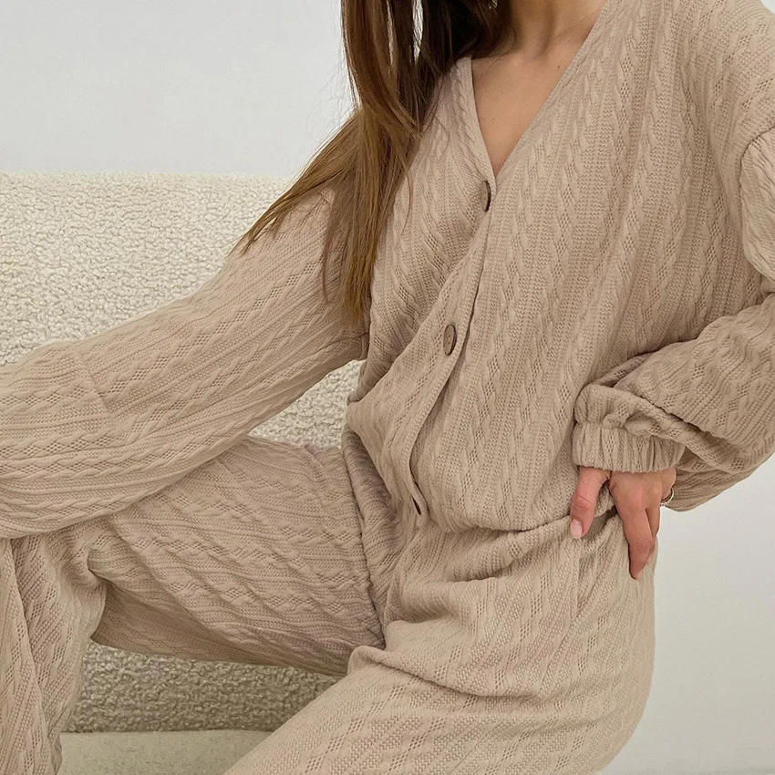Autumn Loose Knit Pajama Sets For Women Long Sleeve Cardigan Tops With Trousers Two Piece Suit Casual Home Sleepwear Lady Pyjama