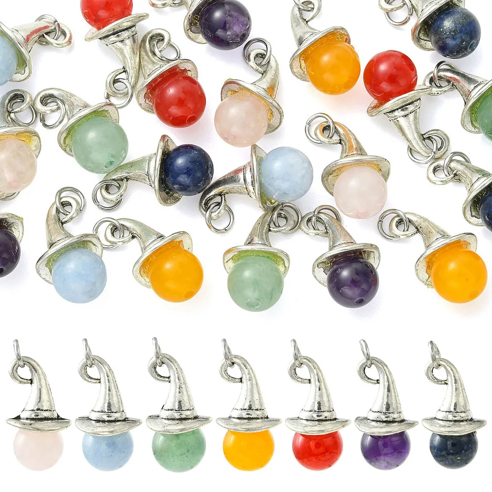 21pcs Antique Silver Witch Hat Natural Gemstone Ball Charms Mixed Color Stone Pendant Beads for DIY Necklace Bracelet Jewelry