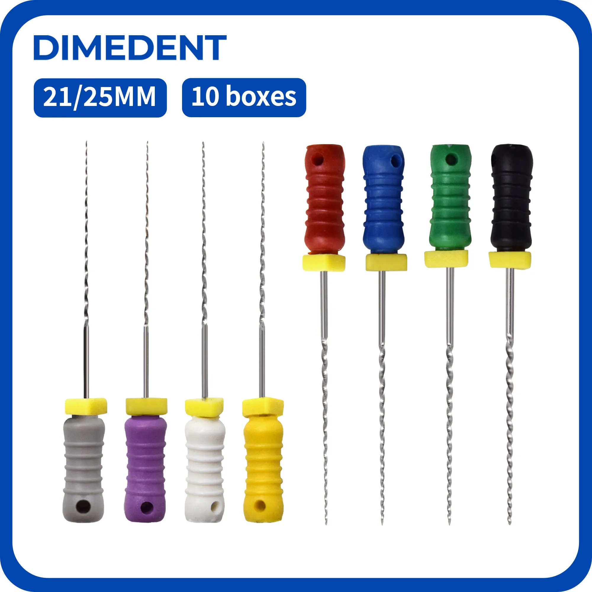 10Boxes DIMEDENT Non-Cutting Tip Design Root Canal Dental Tool 21/25mm #15-40 Stainless Steel Reamers Files Hand Use Endo R File