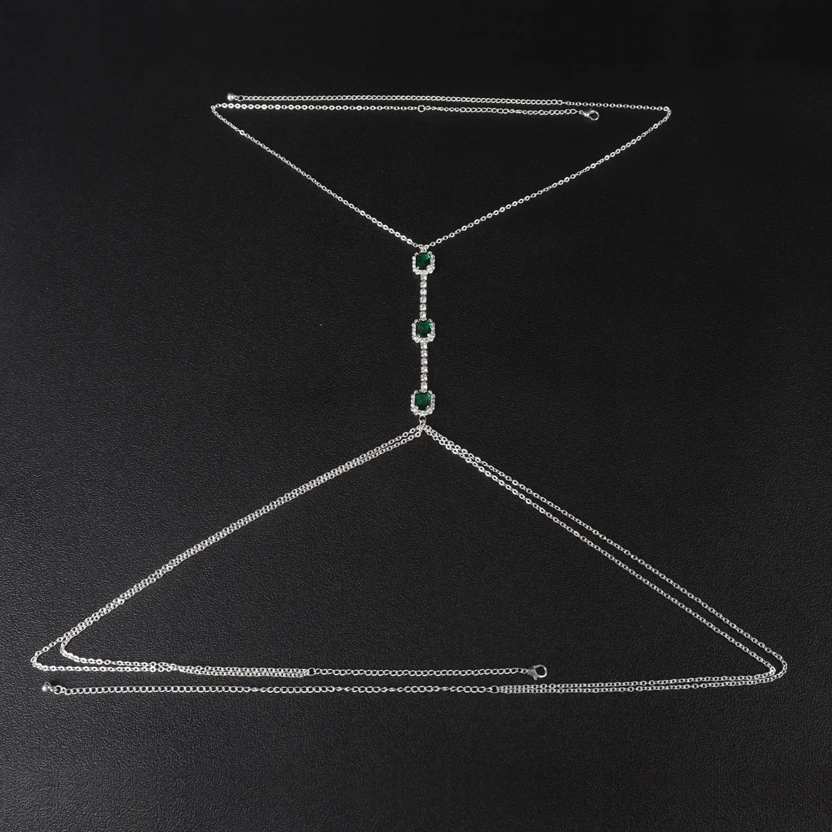 Exquisite Emerald Cut Green Gemstone Body Chain Sparkling Crystal Long Harness Strand Regal Accent Jewelry For Evening Dress