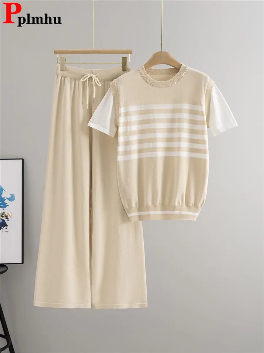 

Корейский дизайн, вязаные комплекты из 2 предметов, летние искусственные полосатые вязаные футболки из двух предметов, топы, Conjuntos, широкие брюки с высокой талией, наряд