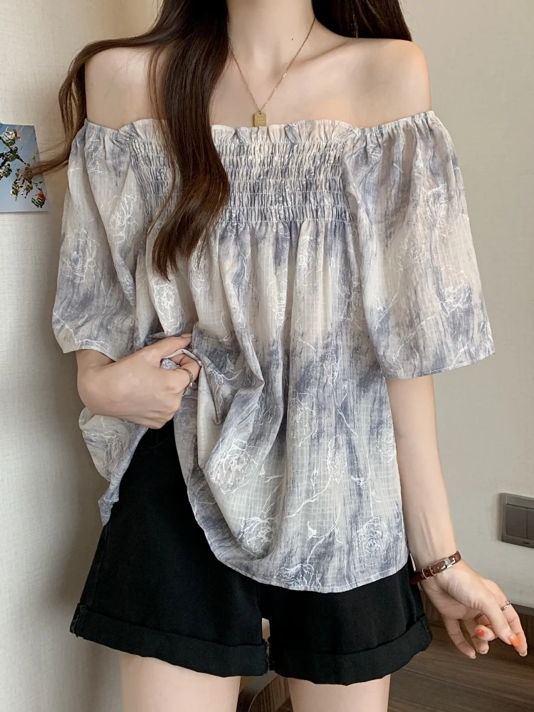 Summer Women's Bubble Short Sleeve Square Collar Chiffon Shirt Slimming Belly Covering One-Shoulder Bone Exposure Top