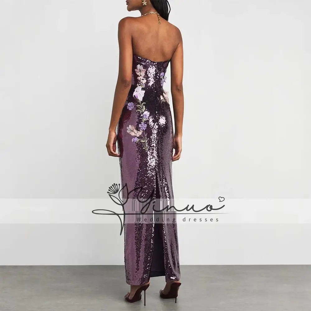 تخصيص بريق الأرجواني الترتر ثوب مسائي طول الكاحل فستان حفلة رسمية بدون حمالات المملكة العربية السعودية فستان مع الزهور فستان حفلة موسيقية