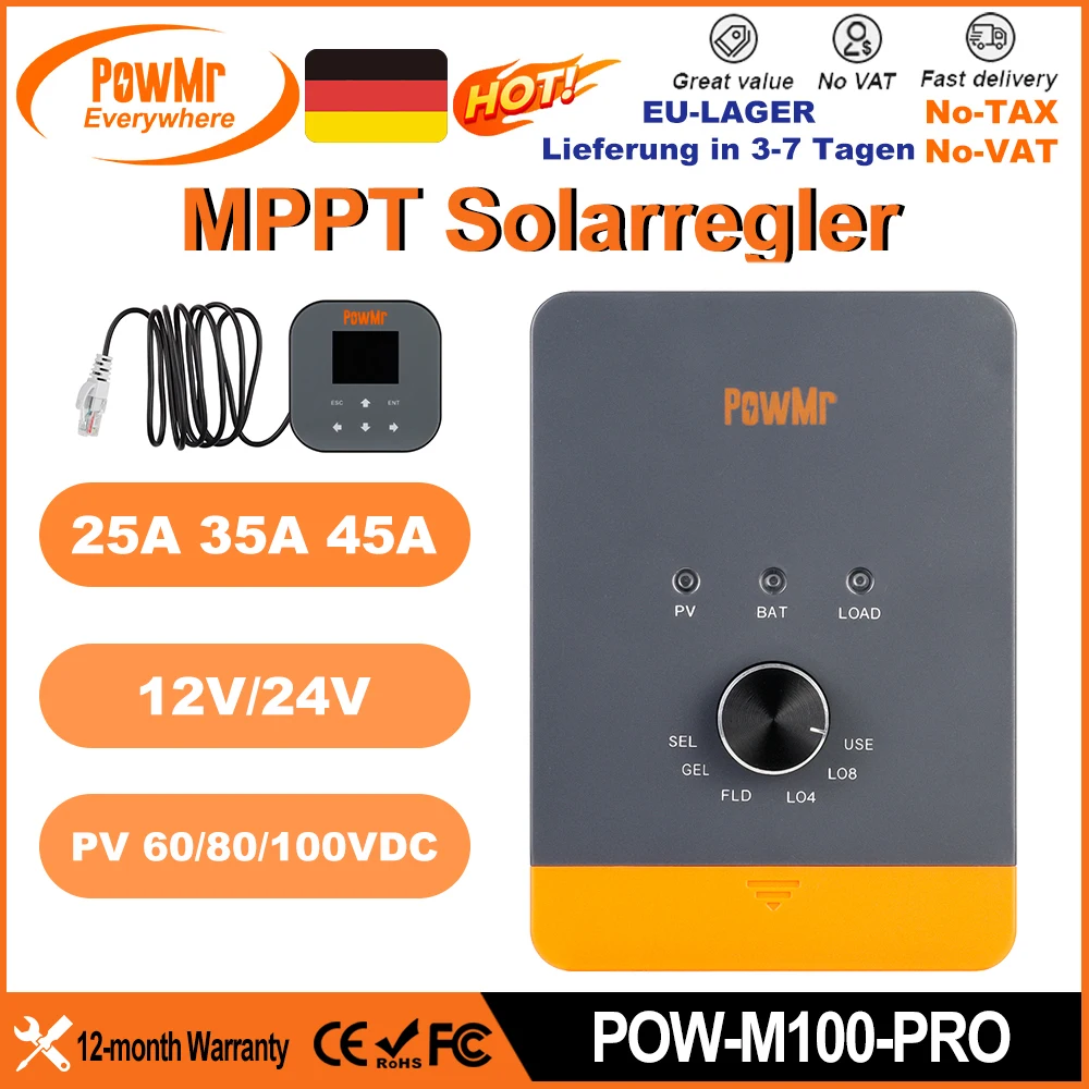 PowMr hatte 45A 35A 25A MPPT Solarladeregler Knopf Modellregler Max 60V/80V100VDC Panelunterstützung 12V 24V Lithiumbatterie