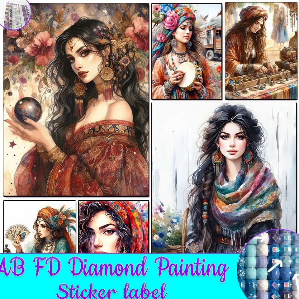 Gypsy Woman Full Embroidery Diy AB FD Diamond Painting with Sticker Portrait Art Cross Stitch Kits Mosaic Wall Home Decor Gift