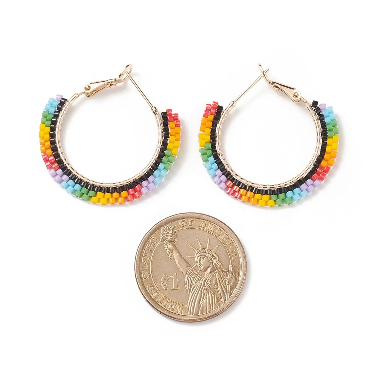 

Rice bead earrings Rainbow Gradient color Female Big circle Fashion Simplicity Bohemia Hand weaving Alloy Beaded earrings