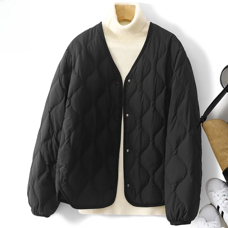 Fashionable Lightweight down Cotton Jacket Women's Loose Layered V-Neck Thickened Warm Inner Cotton Coat Outerwear