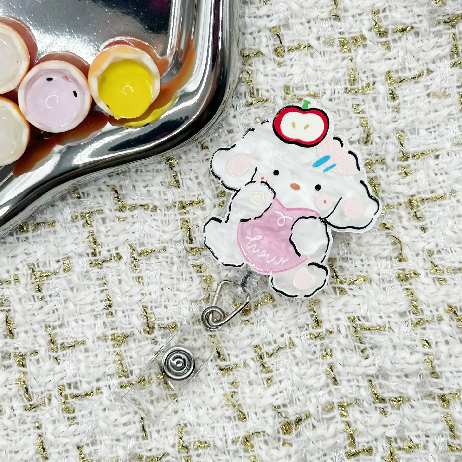Cute Apple Dog Acrylic Retractable Badge Reel Name Tag Alligator Clip Medical ID Badge Holder Christmas Gift for Nurse Doctor