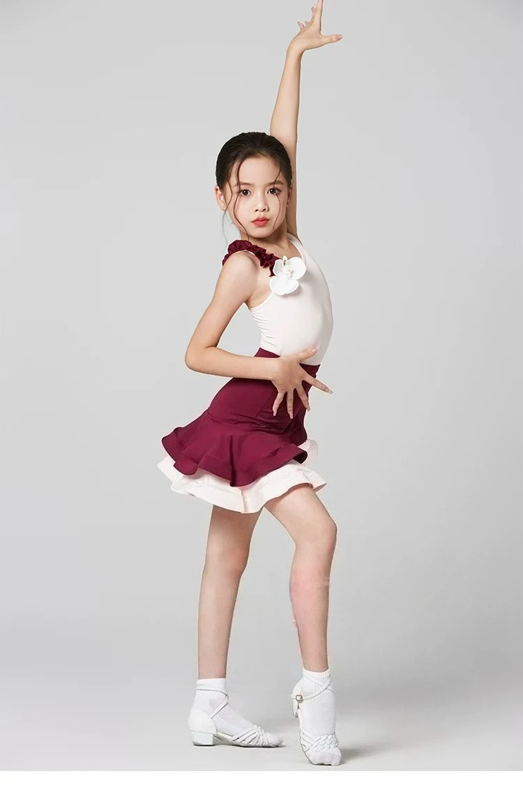 Girl Sling Latin Dance Set Red White Contrast Color Summer New Kids Professional Training Stage Competition Ballroom For Dancers