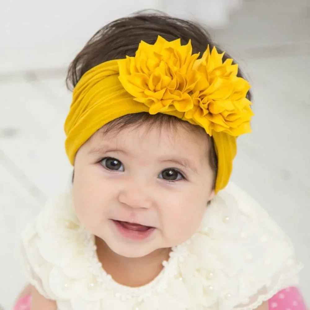 1PCS Double Lotus Fabric Flower Baby Girls Headband Handmade Knot Nylon Kids Headwraps Hair Accessories Photography Props