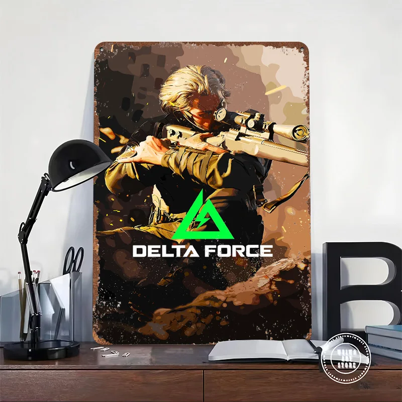 Delta Force Sniper Aiming Rifle Tin Poster Customized Wall Art Retro Vintage Metal Signs for Fans Room Interior Accessories Bar