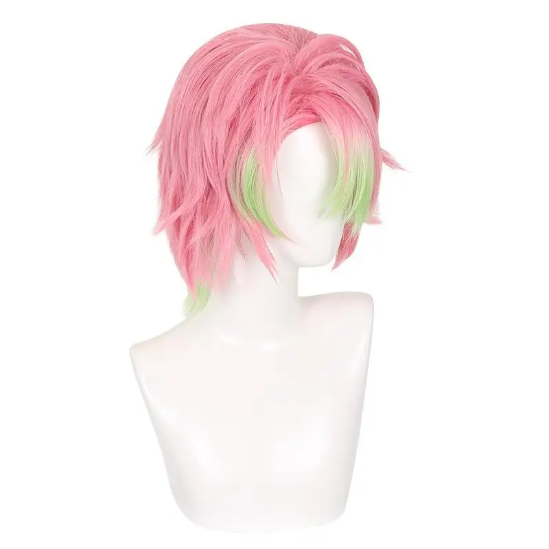 Demon Slayer Kanroji Mitsuri Anime Cosplay Wigs Pink Green Turn up Short Hair Halloween Christmas Heat Resistant Daily Use Wig