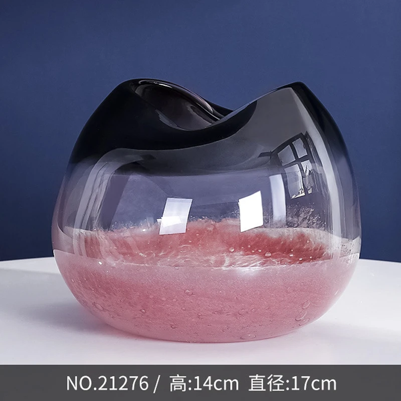 Gradient Pink Gray Hand Blown Glass Vase Irregular Wavy Mouth Crystal Flower Vase Nordic Modern Home Living Room Decor Ornament