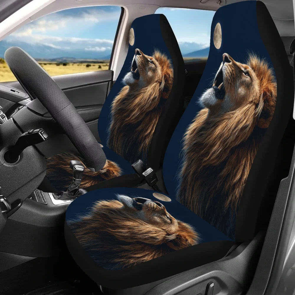 

2pcs Lion Roar Moonlight Car Seat Covers - Fit For Cars, SUVs, Sedans - Durable Polyester, Easy-Clean Design With Lion Print, En