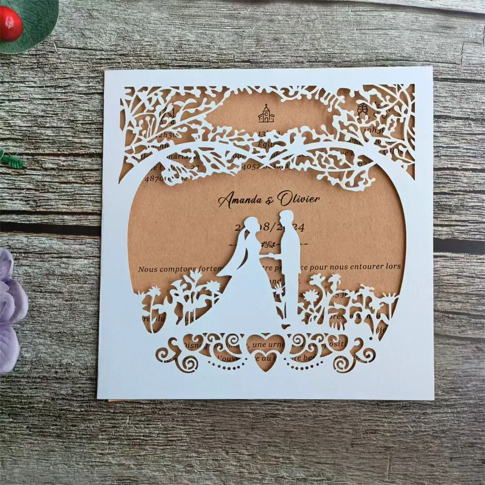 

White laser cut invitation vintage wedding card, personalized invite design with envelope, 50pcs