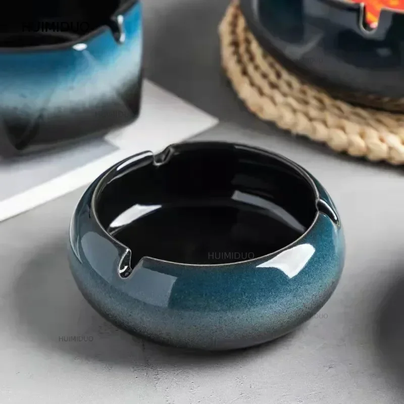 European Ceramic Ashtray with Lid Creative Kiln Change Glaze Decorative Desktop Ashtrays Living Room Retro Ash Tray Ornaments