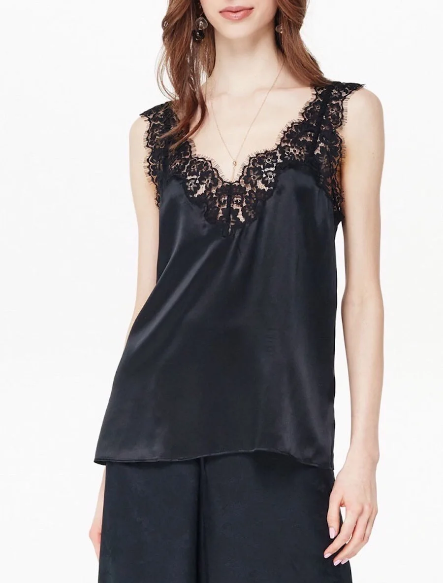 Niche Light Luxury: Heavyweight Sand Washed Plain Satin, Handcrafted Embroidery, Subtle Sexy Lash Lace Silk Tank Top Strappy