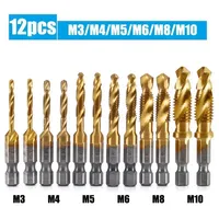 12pcs Titanium Coated HSS Tap Drill Bits Set Hex Shank Screw Metric Thread Bits 3 In 1 Screw Compound Tap M3 M4 M5 M6 M8 M10