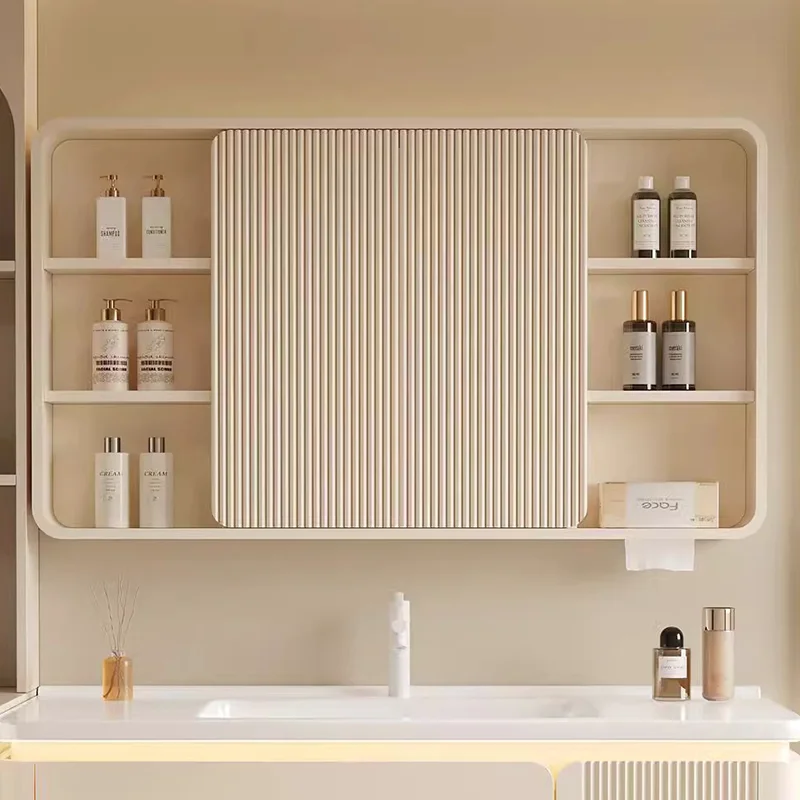 

Cream feng shui sliding door hidden smart mirror cabinet hanging on the wall separately arc bathroom storage