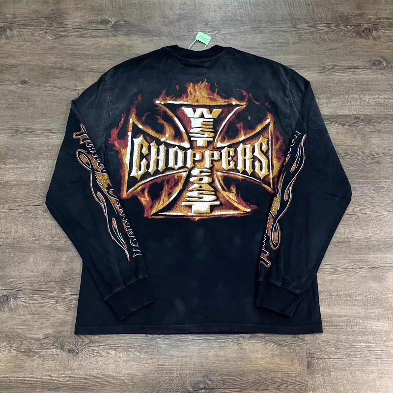 

Flame Retro Hole Damaged West Coast Long Sleeve T-shirt Men Women Washed Gradient Black Loose T Shirt Tops