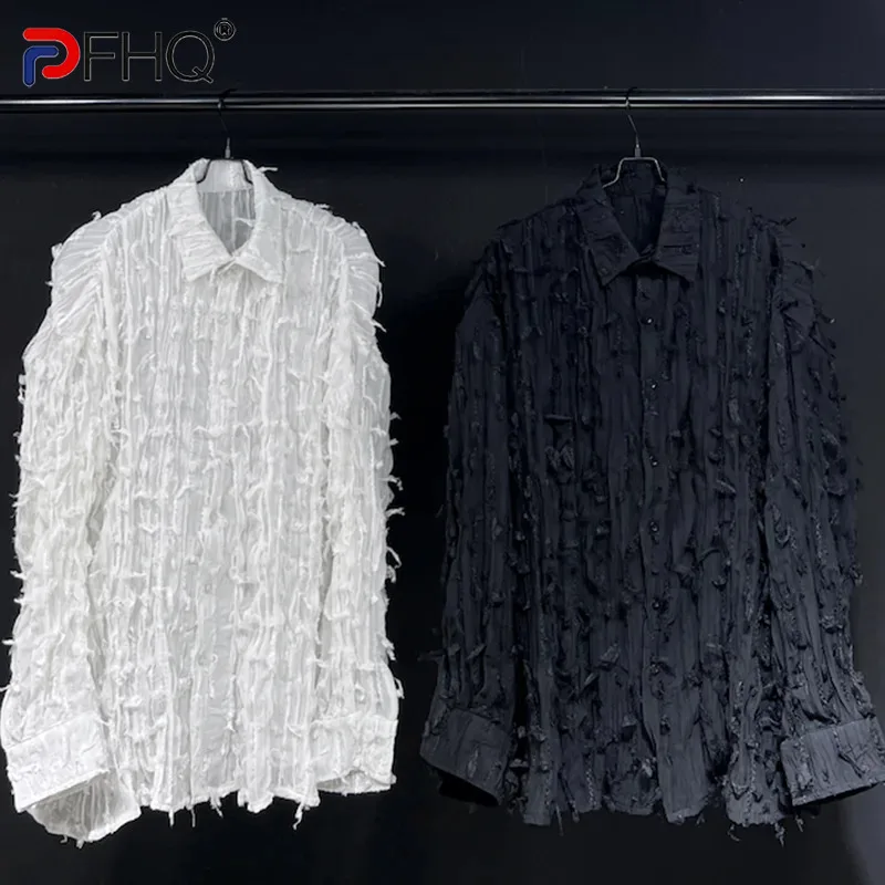 

PFHQ Abstract Texture Male Shirts Chic Long Sleeved Silhouette Sun Protection Haute Quality Turn-down Collar Loose Tops 21Z4835