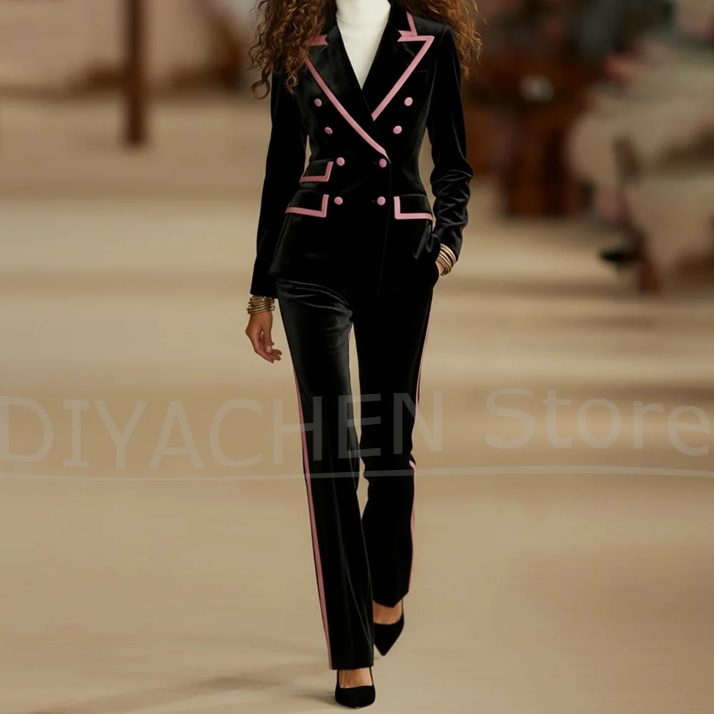 

Женский черный бархатный костюм с розовой отделкой, модный двубортный наряд с пиковыми лацканами, стильные комплекты с брюками для выпускного вечера, комплекты из 2 предметов