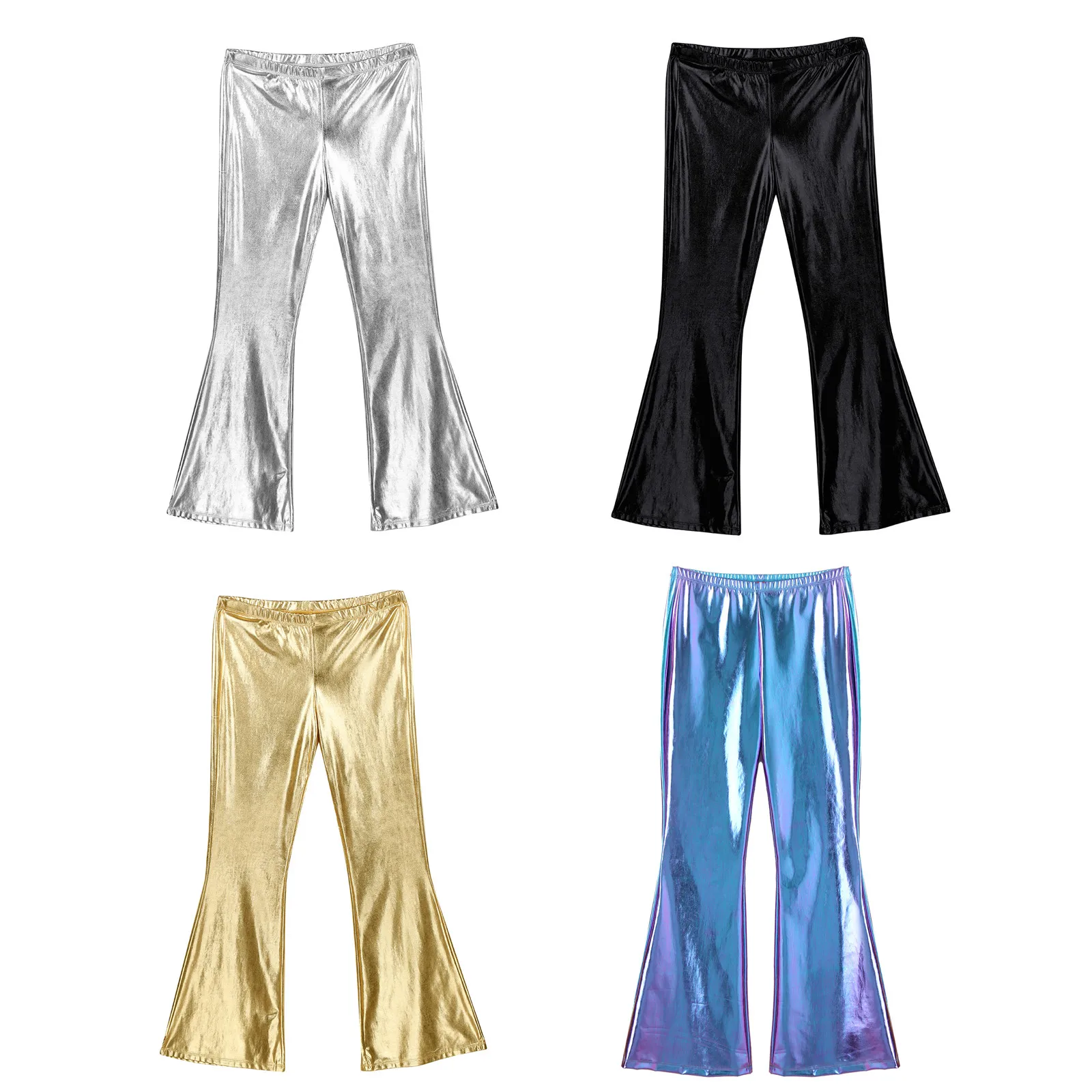 Pantaloni da discoteca metallizzati lucidi da uomo con pantaloni lunghi svasati con fondo a campana pantaloni da Costume da uomo per Rave Party Club