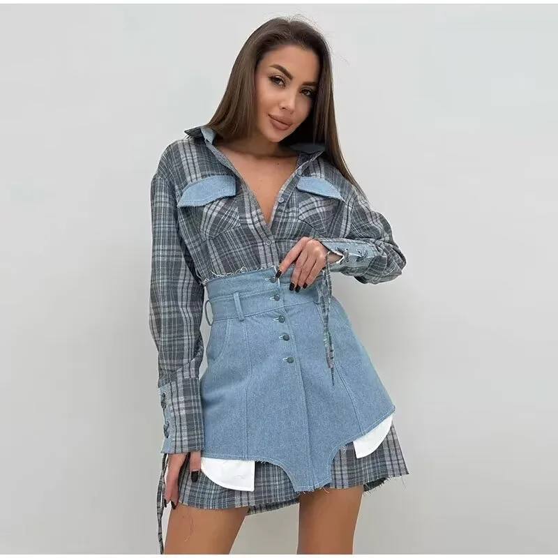 

Lapel Color Blocked Shirt Waist Cinching Irregular Hem Short Skirt Set Woman Loose Long Plaid Shirt Patchwork Women Denim Suits
